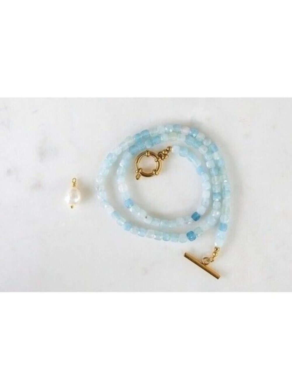 GORGEOUS Aquamarine Beaded Necklace w/Gold Toggle Clasp & Pearl, Reversible - Picture 6 of 11